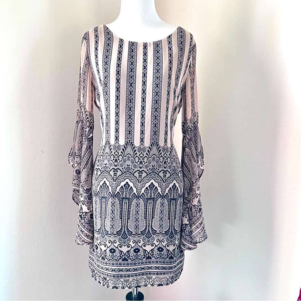 Pink Owl Boho Patterned Flare Sleeve Dress Nude Black Small 🔥